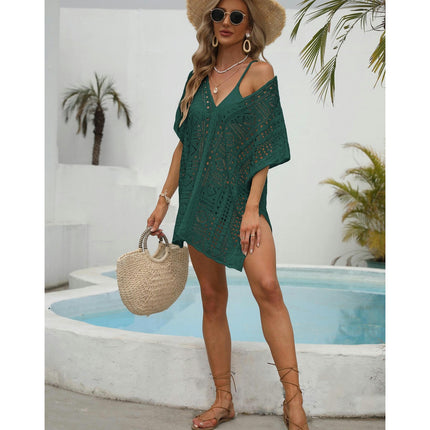 Women's Short Sleeve Crochet Swimsuit Cover Ups Summer Hollow Out Knitted Swimwear Beach Dress