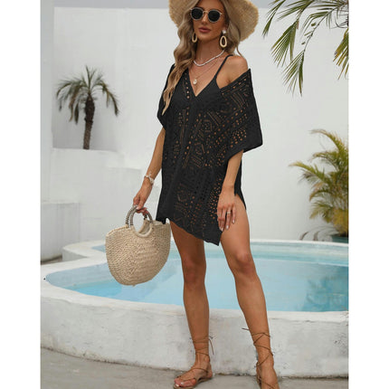 Women's Short Sleeve Crochet Swimsuit Cover Ups Summer Hollow Out Knitted Swimwear Beach Dress