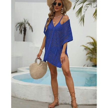 Women's Short Sleeve Crochet Swimsuit Cover Ups Summer Hollow Out Knitted Swimwear Beach Dress