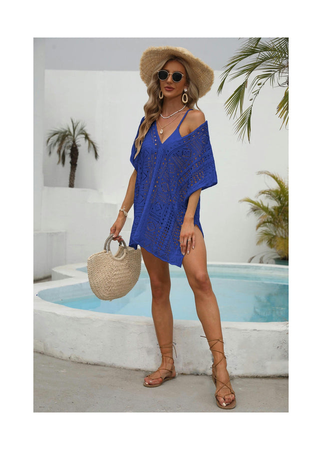 Women's Short Sleeve Crochet Swimsuit Cover Ups Summer Hollow Out Knitted Swimwear Beach Dress