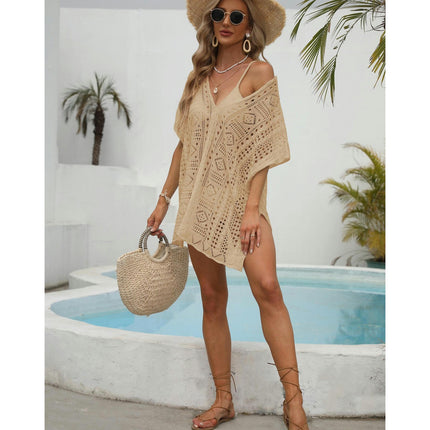 Women's Short Sleeve Crochet Swimsuit Cover Ups Summer Hollow Out Knitted Swimwear Beach Dress