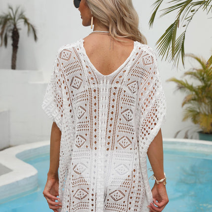 Women's Short Sleeve Crochet Swimsuit Cover Ups Summer Hollow Out Knitted Swimwear Beach Dress