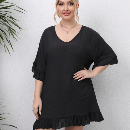 Women's Plus Size Short Sleeve Swimsuit Cover Ups Summer Ruffles Beach Dress