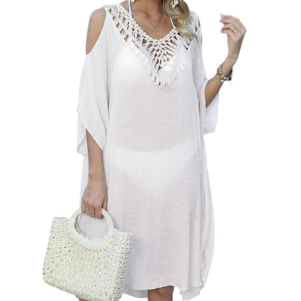 Women's Hollow Out Cold Shoulder V Neck Crochet Swimwear Cover Up Dress