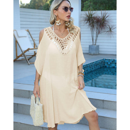 Women's Hollow Out Cold Shoulder V Neck Crochet Swimwear Cover Up Dress