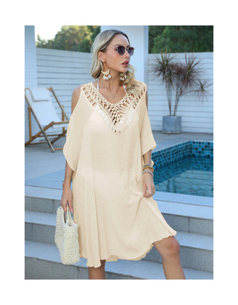 Women's Hollow Out Cold Shoulder V Neck Crochet Swimwear Cover Up Dress