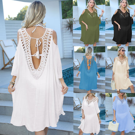 Women's Hollow Out Cold Shoulder V Neck Crochet Swimwear Cover Up Dress