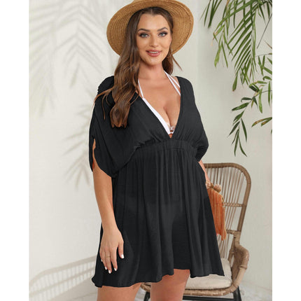 Women Plus Size Swimsuit Cover Ups V Neck Bathing Suit Coverups Short Sleeve Beach Dress