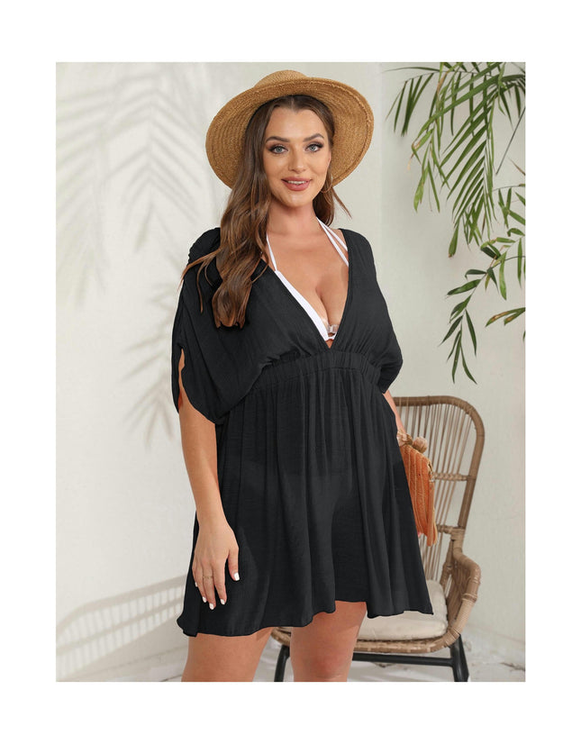 Women Plus Size Swimsuit Cover Ups V Neck Bathing Suit Coverups Short Sleeve Beach Dress