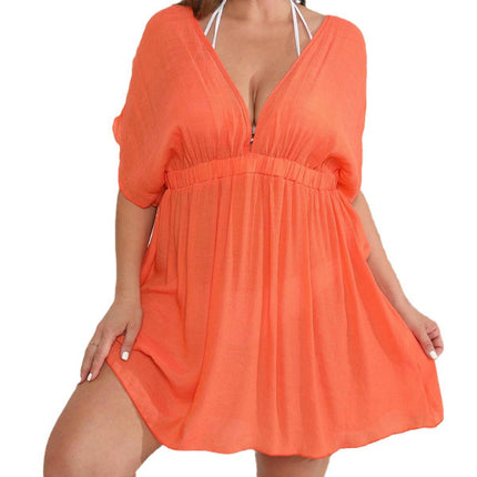 Women Plus Size Swimsuit Cover Ups V Neck Bathing Suit Coverups Short Sleeve Beach Dress