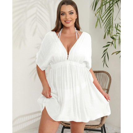 Women Plus Size Swimsuit Cover Ups V Neck Bathing Suit Coverups Short Sleeve Beach Dress