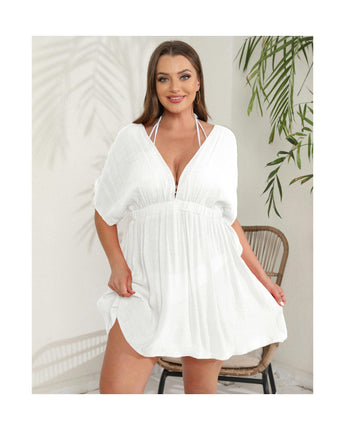 Women Plus Size Swimsuit Cover Ups V Neck Bathing Suit Coverups Short Sleeve Beach Dress