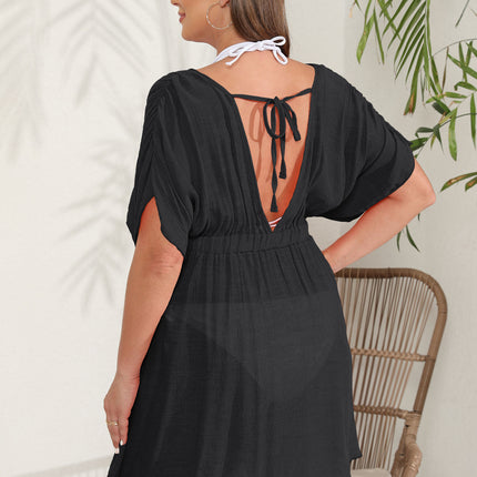 Women Plus Size Swimsuit Cover Ups V Neck Bathing Suit Coverups Short Sleeve Beach Dress