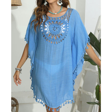 Women Crochet Swimsuit Coverups V Neck Hollow Out Tassel Summer Beach Cover Up Dress