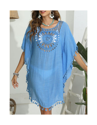 Women Crochet Swimsuit Coverups V Neck Hollow Out Tassel Summer Beach Cover Up Dress