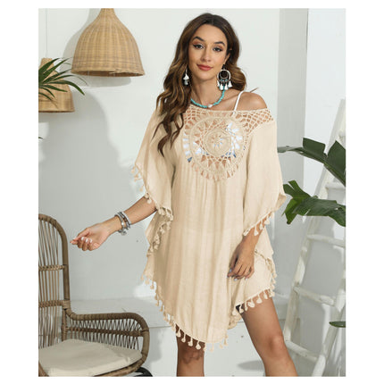 Women Crochet Swimsuit Coverups V Neck Hollow Out Tassel Summer Beach Cover Up Dress