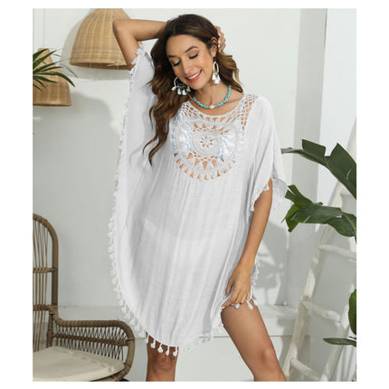 Women Crochet Swimsuit Coverups V Neck Hollow Out Tassel Summer Beach Cover Up Dress