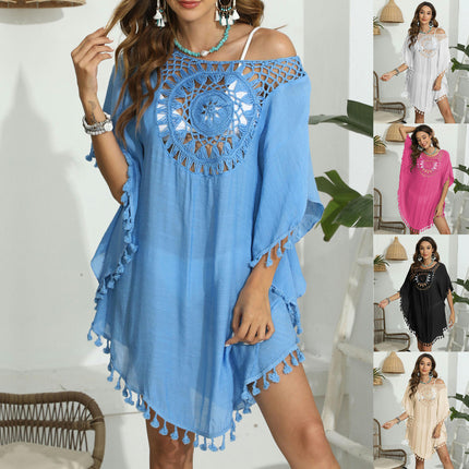 Women Crochet Swimsuit Coverups V Neck Hollow Out Tassel Summer Beach Cover Up Dress