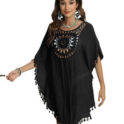 Women Crochet Swimsuit Coverups V Neck Hollow Out Tassel Summer Beach Cover Up Dress