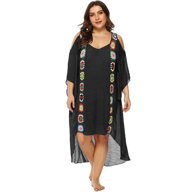 Womens Plus Size Crochet Chiffon V Neck Hollow Out Beach Cover Up Dress