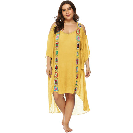 Womens Plus Size Crochet Chiffon V Neck Hollow Out Beach Cover Up Dress