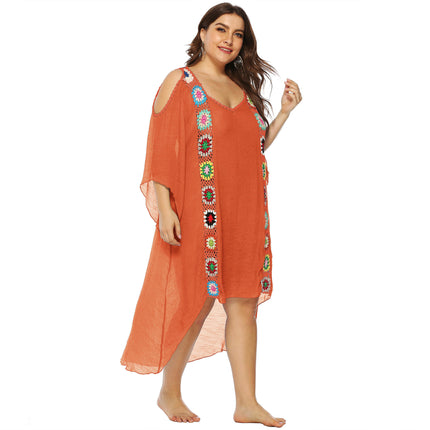 Womens Plus Size Crochet Chiffon V Neck Hollow Out Beach Cover Up Dress