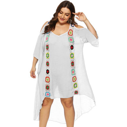 Womens Plus Size Crochet Chiffon V Neck Hollow Out Beach Cover Up Dress