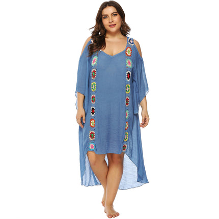 Womens Plus Size Crochet Chiffon V Neck Hollow Out Beach Cover Up Dress