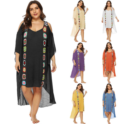 Womens Plus Size Crochet Chiffon V Neck Hollow Out Beach Cover Up Dress