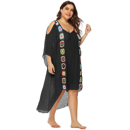 Womens Plus Size Crochet Chiffon V Neck Hollow Out Beach Cover Up Dress