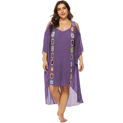 Womens Plus Size Crochet Chiffon V Neck Hollow Out Beach Cover Up Dress