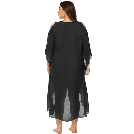 Womens Plus Size Crochet Chiffon V Neck Hollow Out Beach Cover Up Dress