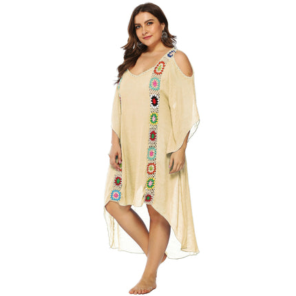 Womens Plus Size Crochet Chiffon V Neck Hollow Out Beach Cover Up Dress