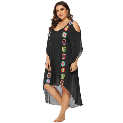 Womens Plus Size Crochet Chiffon V Neck Hollow Out Beach Cover Up Dress