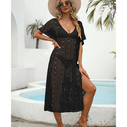 Womens Crochet V Neck Hollow Out Beach Cover Up Dress