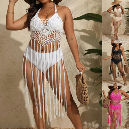 Women's Sexy Crochet Bikini Swimsuit Cover Ups Hollow Out Tassels Beach Dress