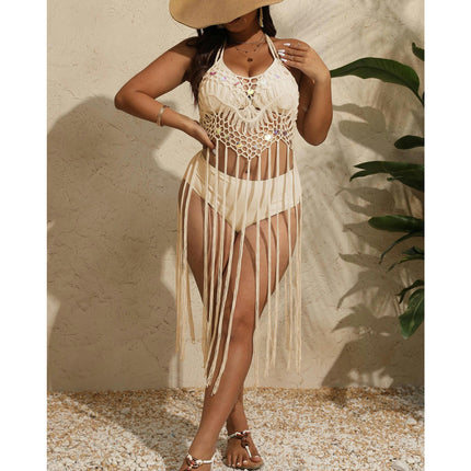 Women's Sexy Crochet Bikini Swimsuit Cover Ups Hollow Out Tassels Beach Dress