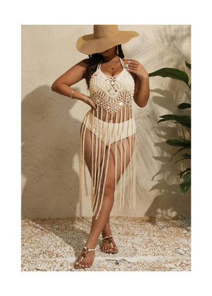 Women's Sexy Crochet Bikini Swimsuit Cover Ups Hollow Out Tassels Beach Dress