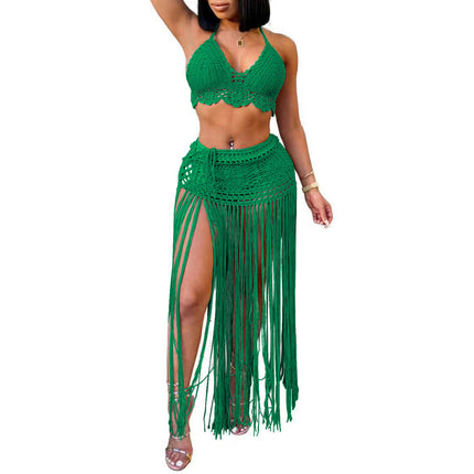 Women Sexy Beach Coverups Summer 2 Piece Outfits Crochet Bikini Top and Tassels Skirt Set