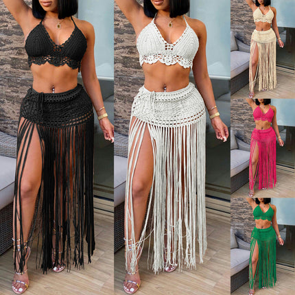 Women Sexy Beach Coverups Summer 2 Piece Outfits Crochet Bikini Top and Tassels Skirt Set