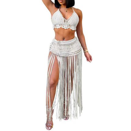 Women Sexy Beach Coverups Summer 2 Piece Outfits Crochet Bikini Top and Tassels Skirt Set