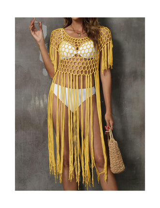 Women's Crochet Cover Ups Hollow Out Bikini Swimwear Tassel Beach Dress