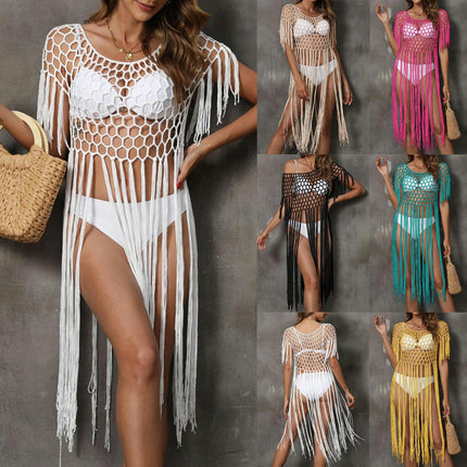 Women's Crochet Cover Ups Hollow Out Bikini Swimwear Tassel Beach Dress