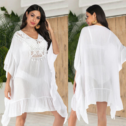 Women Ruffles Dress Crochet Swimsuit Beach Coverup Dress Bikini Cover Ups