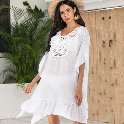 Women Ruffles Dress Crochet Swimsuit Beach Coverup Dress Bikini Cover Ups