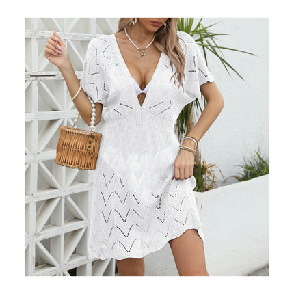 Women's Short Sleeve Crochet Hollow Out Bathing Suit Cover Ups Dress Swimwear