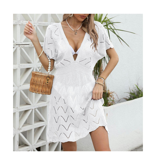 Women's Short Sleeve Crochet Hollow Out Bathing Suit Cover Ups Dress Swimwear