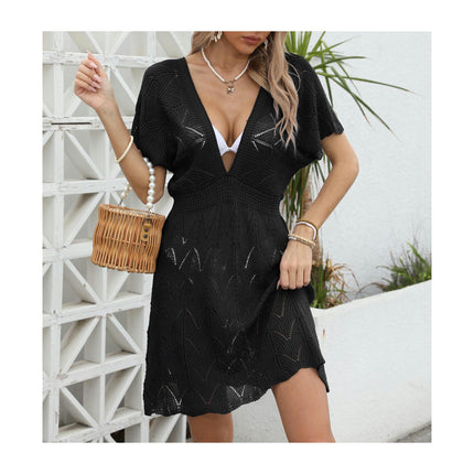 Women's Short Sleeve Crochet Hollow Out Bathing Suit Cover Ups Dress Swimwear