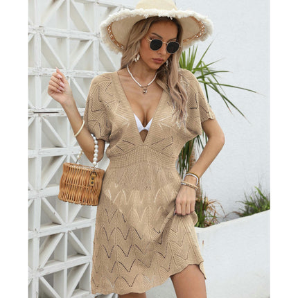 Women's Short Sleeve Crochet Hollow Out Bathing Suit Cover Ups Dress Swimwear