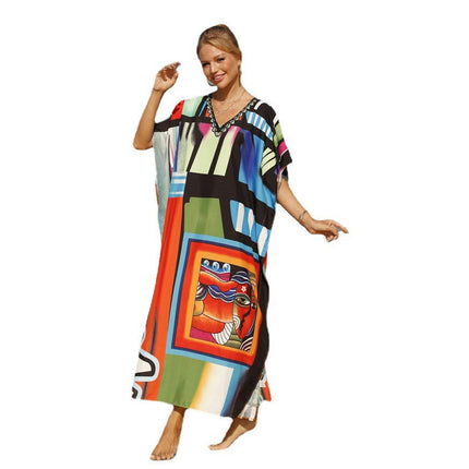 Women Bathing Suit Cover Up Print Kaftan Beach Maxi Dresses